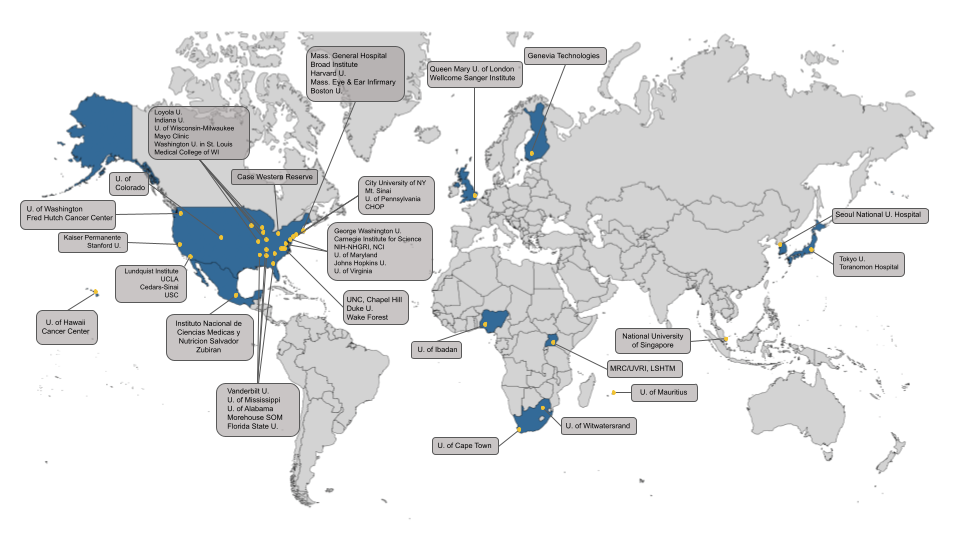 PRIMED Investigator Sites on map of Earth with country boundaries marked