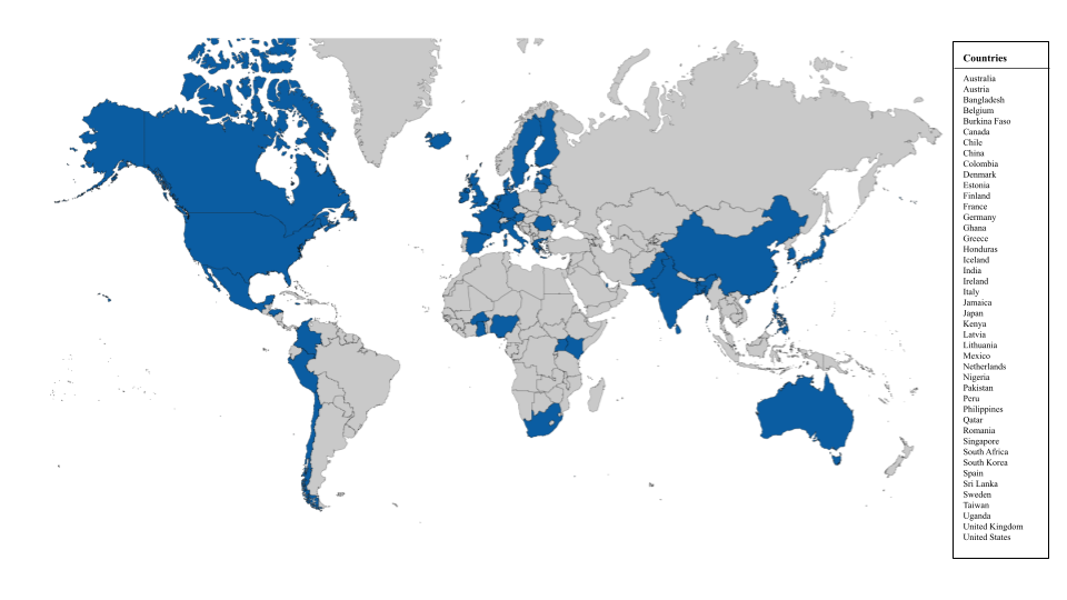 Map of Earth with country boundaries marked. Blue shading indicates countries from which participants were recruited across studies, cohorts, and consortia with datasets proposed for use by PRIMED Study Sites.