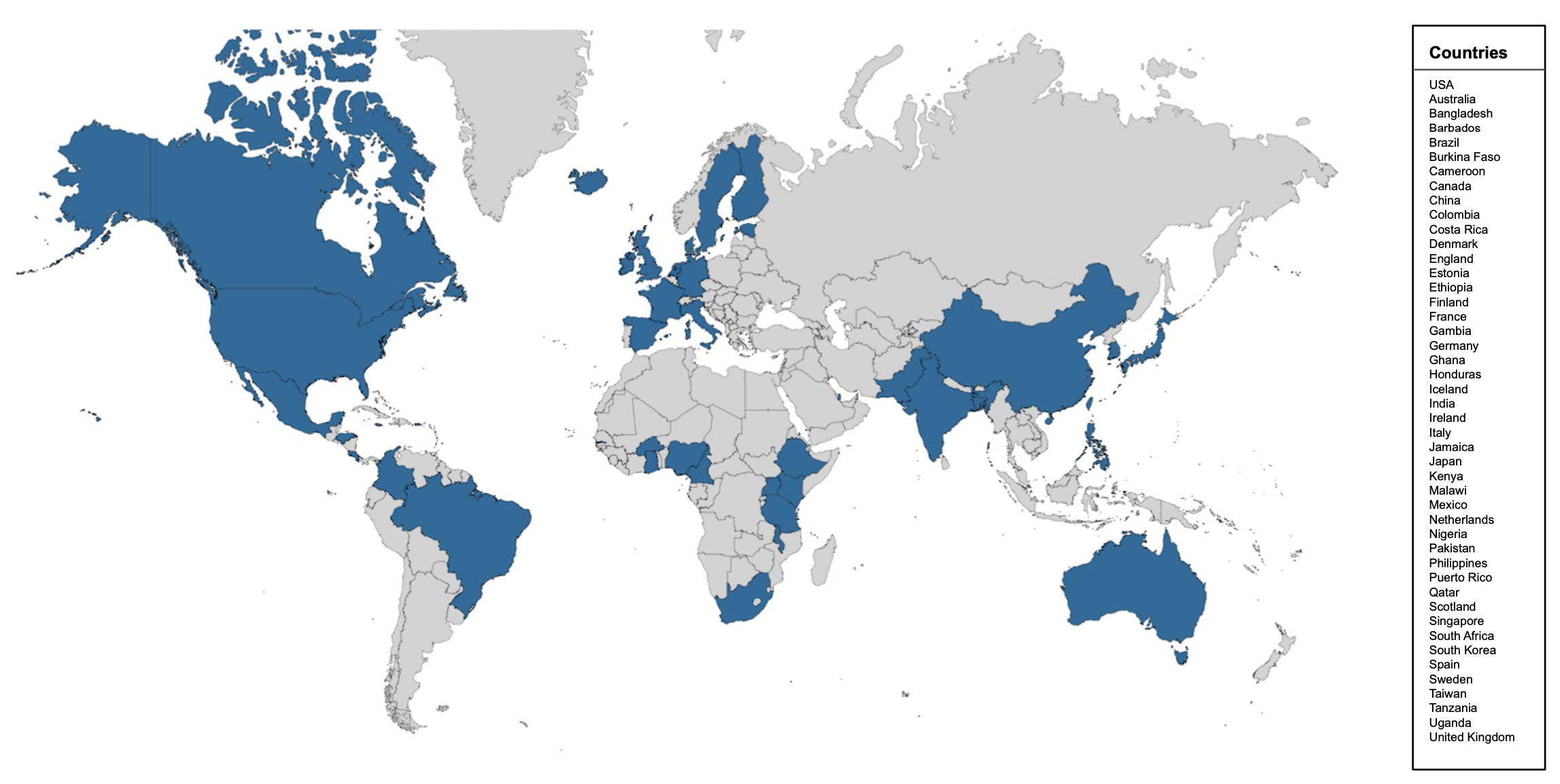 Blue shading indicates countries from which participants were recruited across the datasets proposed by PRIMED Consortium study sites.