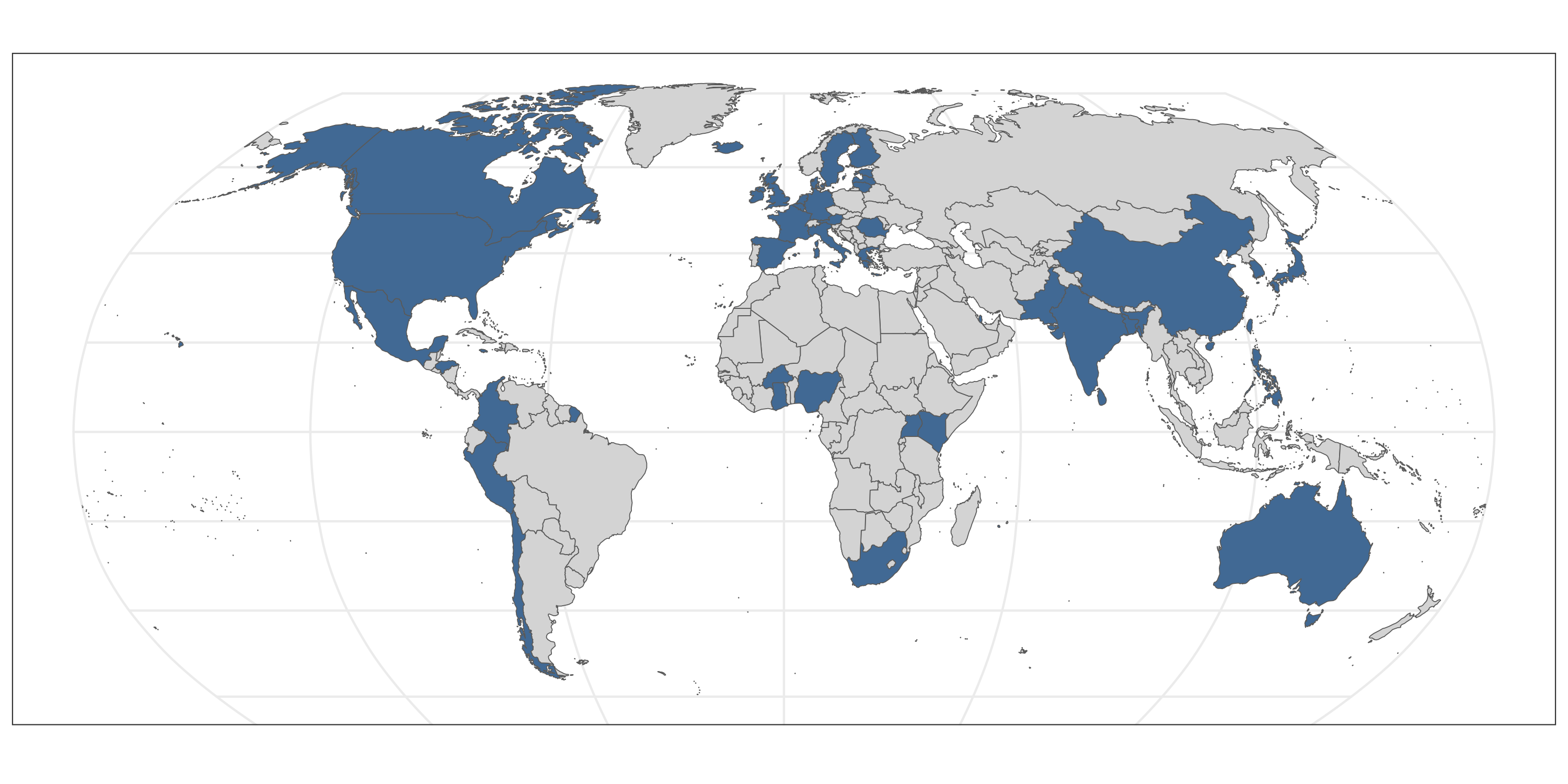 Map of Earth with country boundaries marked. Blue shading indicates countries from which participants were recruited across studies, cohorts, and consortia with datasets proposed for use by PRIMED Study Sites.
